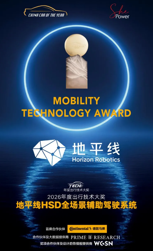 地平線HSD全場景輔助駕駛系統憑藉高階智駕技術突破與規模化量產能力，榮獲2026 CCOY「年度出行技術大獎」